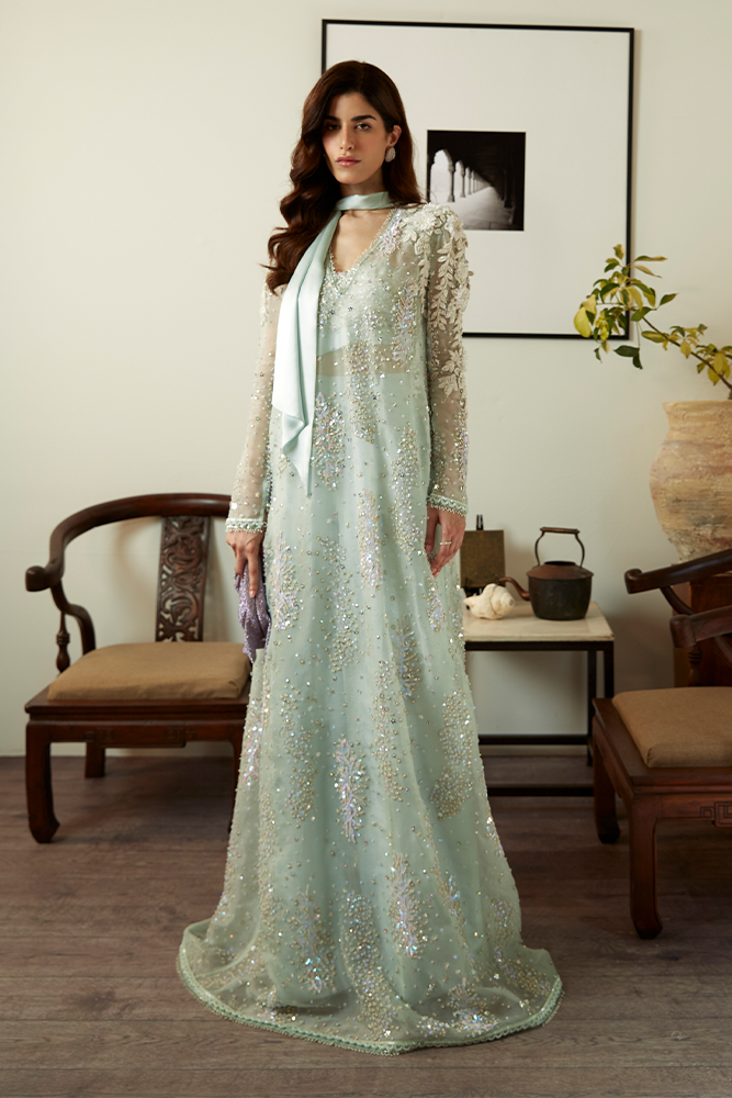 Ice Blue 3D Embellished Organza Long Shirt (2-Piece) - Image 1