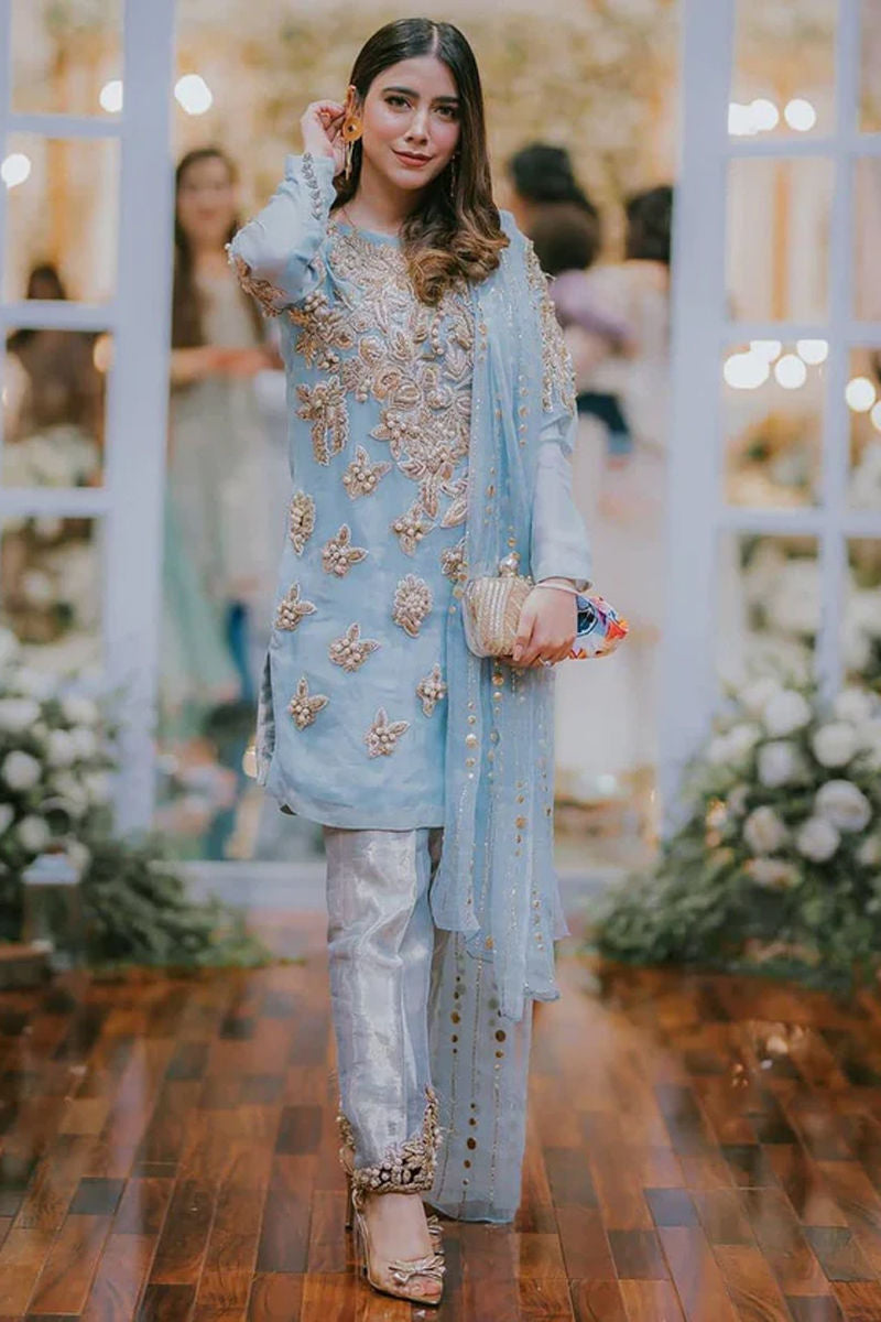 Ice Blue Embellished Organza Salwar Kameez (3-Piece) - Image 1