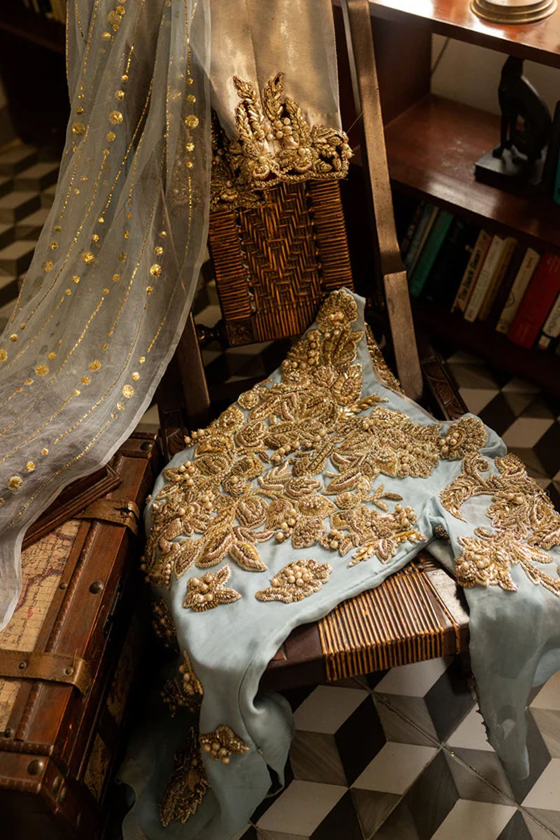 Ice Blue Embellished Organza Salwar Kameez (3-Piece) - Image 2