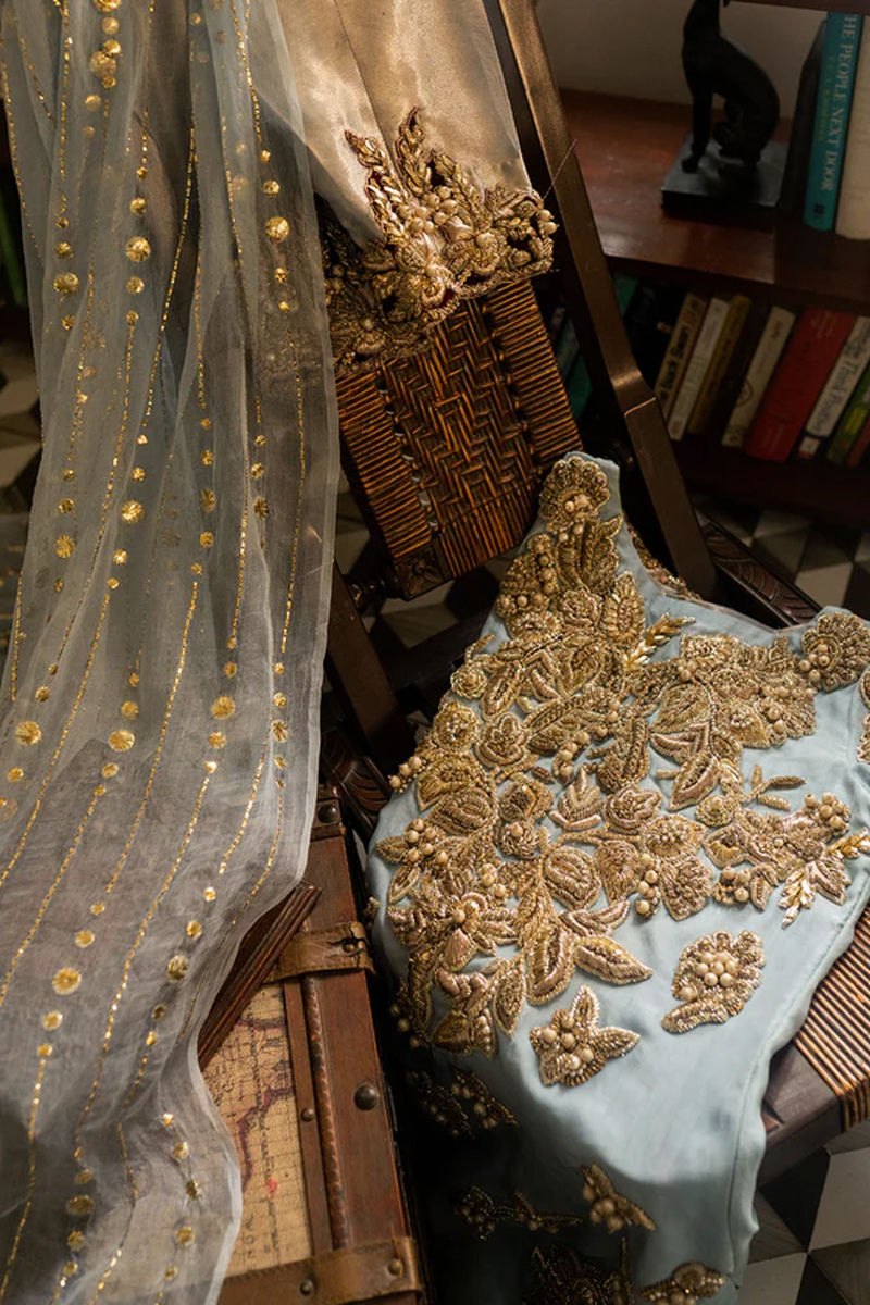 Ice Blue Embellished Organza Salwar Kameez (3-Piece) - Image 3