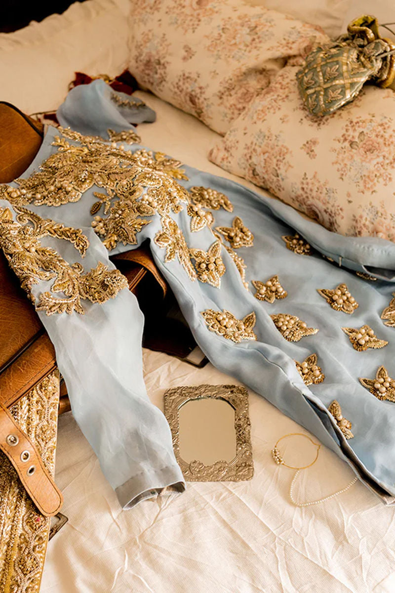 Ice Blue Embellished Organza Salwar Kameez (3-Piece) - Image 4