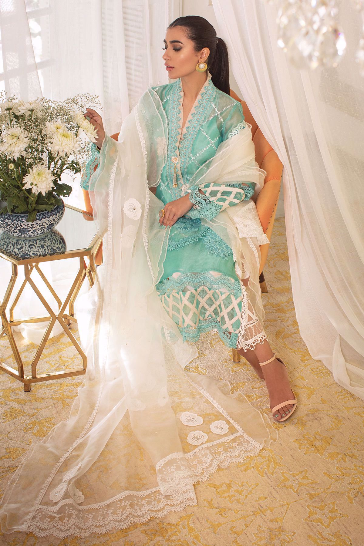 Blue Waltz Embroidered Organza Salwar Kameez (3-Piece) - Image 1