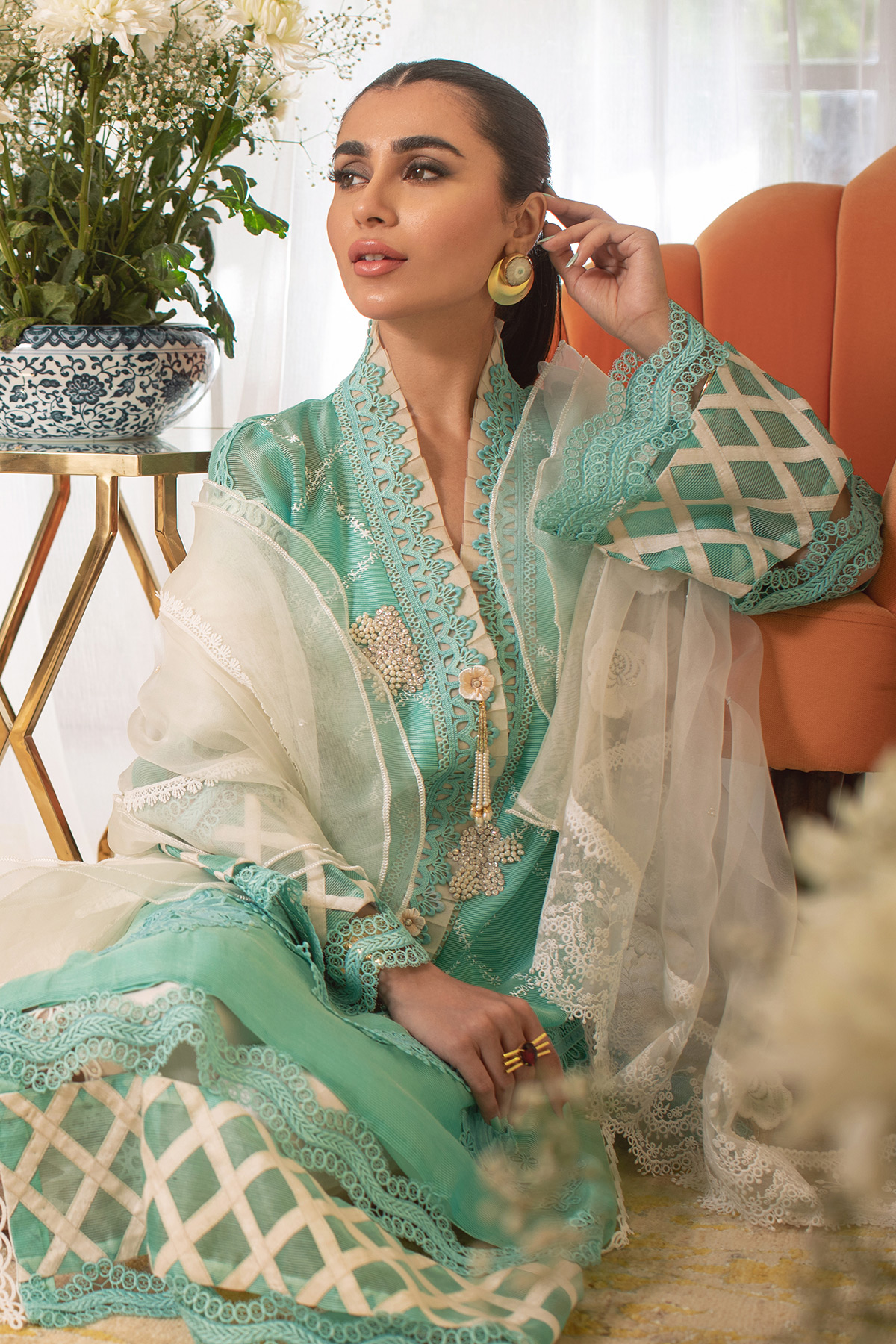 Blue Waltz Embroidered Organza Salwar Kameez (3-Piece) - Image 6