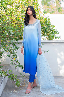 Pakistani Sky Blue to Azure Ombre Beaded Salwar Kameez (3-Piece) - Image 1