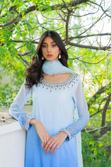 Pakistani Sky Blue to Azure Ombre Beaded Salwar Kameez (3-Piece) - Image 3