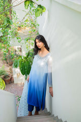 Pakistani Sky Blue to Azure Ombre Beaded Salwar Kameez (3-Piece) - Image 4