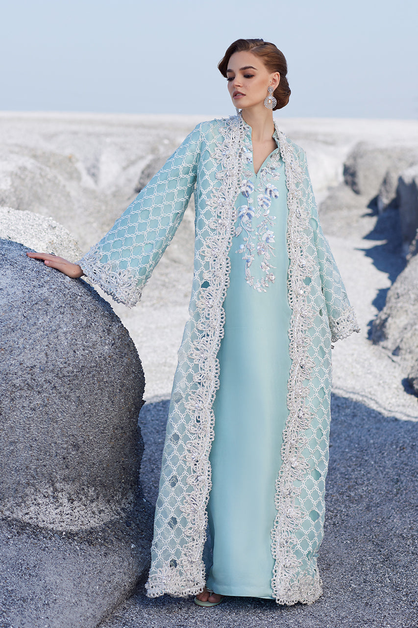 Pakistani Aqua Cutwork Embroidered Organza Jacket (3-Piece) - Image 1