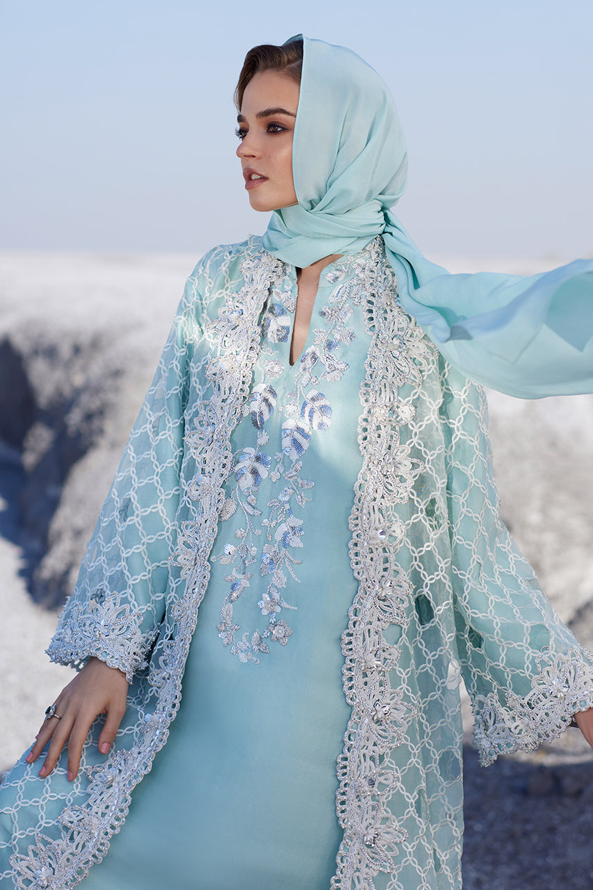 Pakistani Aqua Cutwork Embroidered Organza Jacket (3-Piece) - Image 2