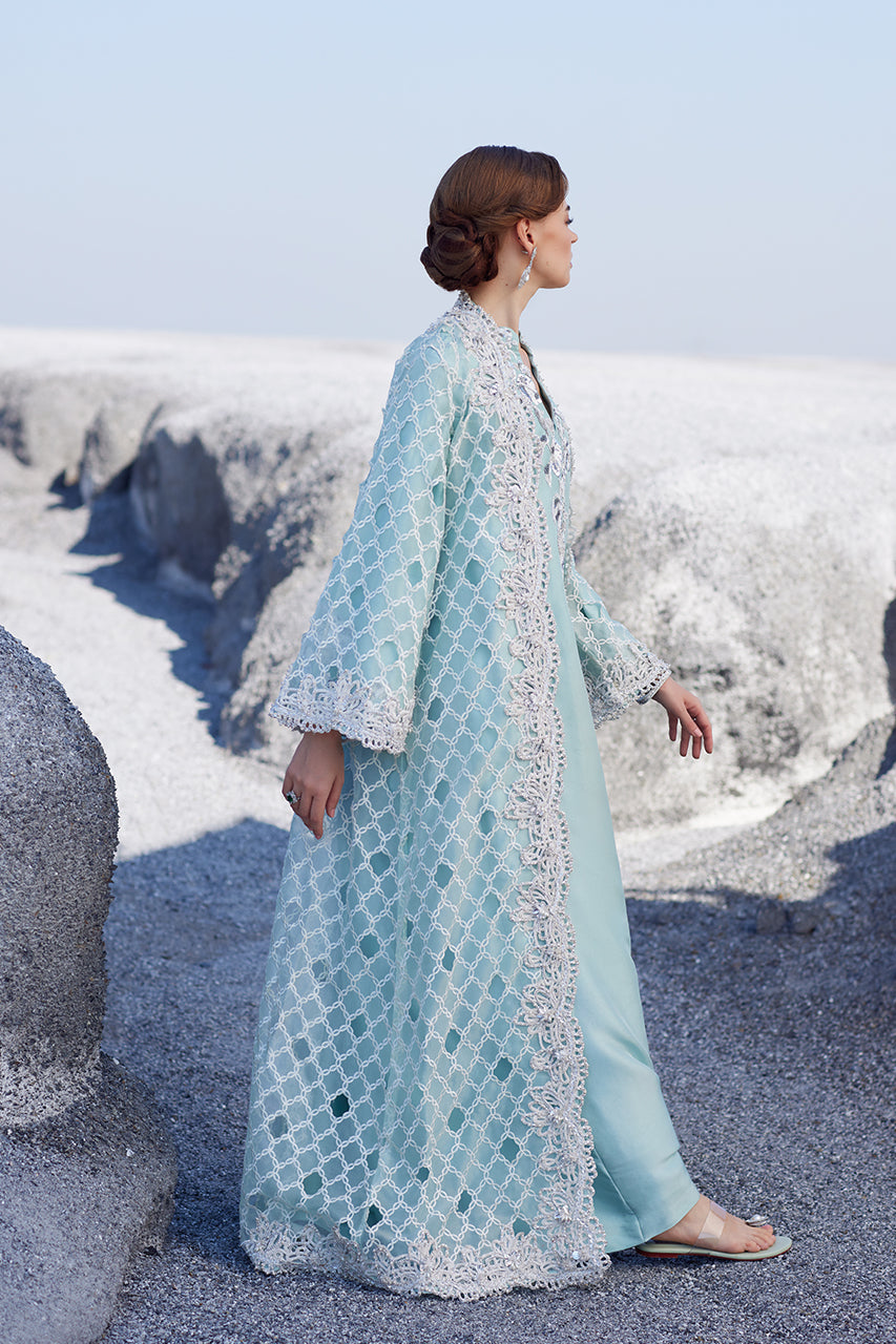 Pakistani Aqua Cutwork Embroidered Organza Jacket (3-Piece) - Image 3