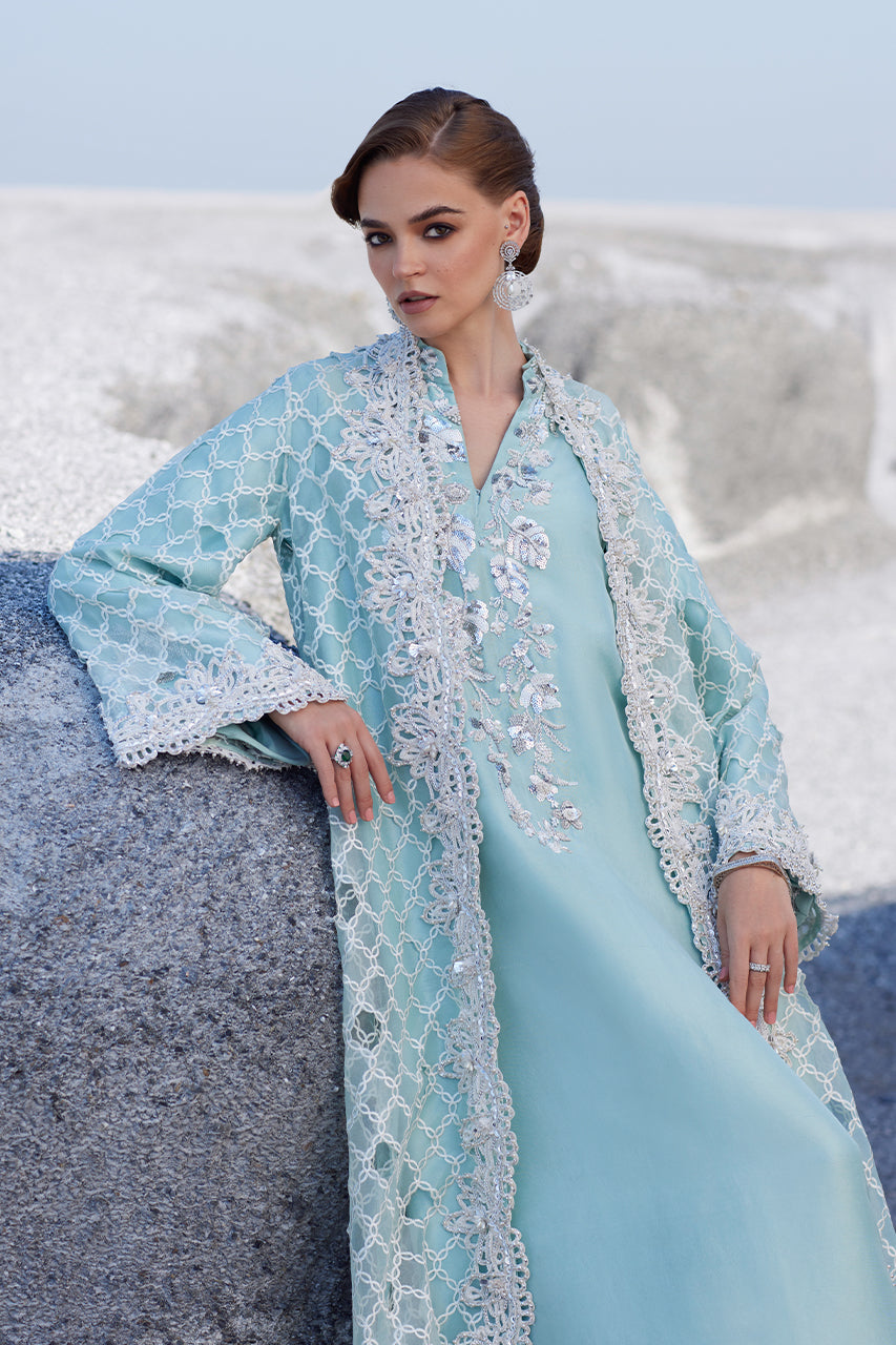 Pakistani Aqua Cutwork Embroidered Organza Jacket (3-Piece) - Image 4