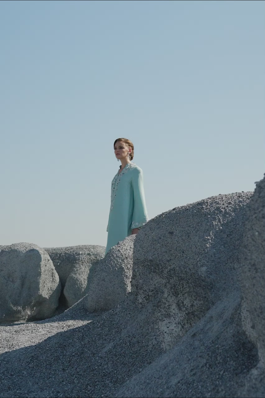 Pakistani Aqua Cutwork Embroidered Organza Jacket (3-Piece) - Image 5