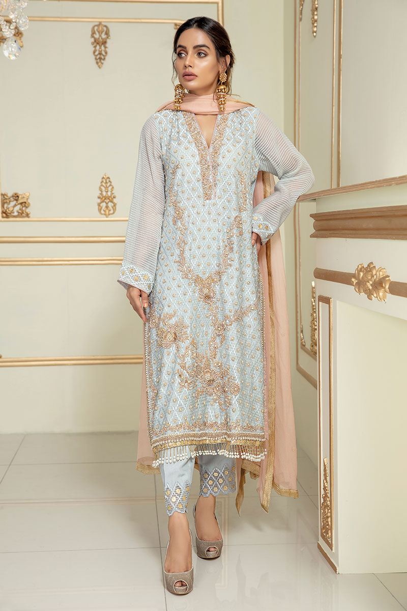Light Blue Dabka & Pearl Organza Salwar Kameez (3-Piece) - Image 1