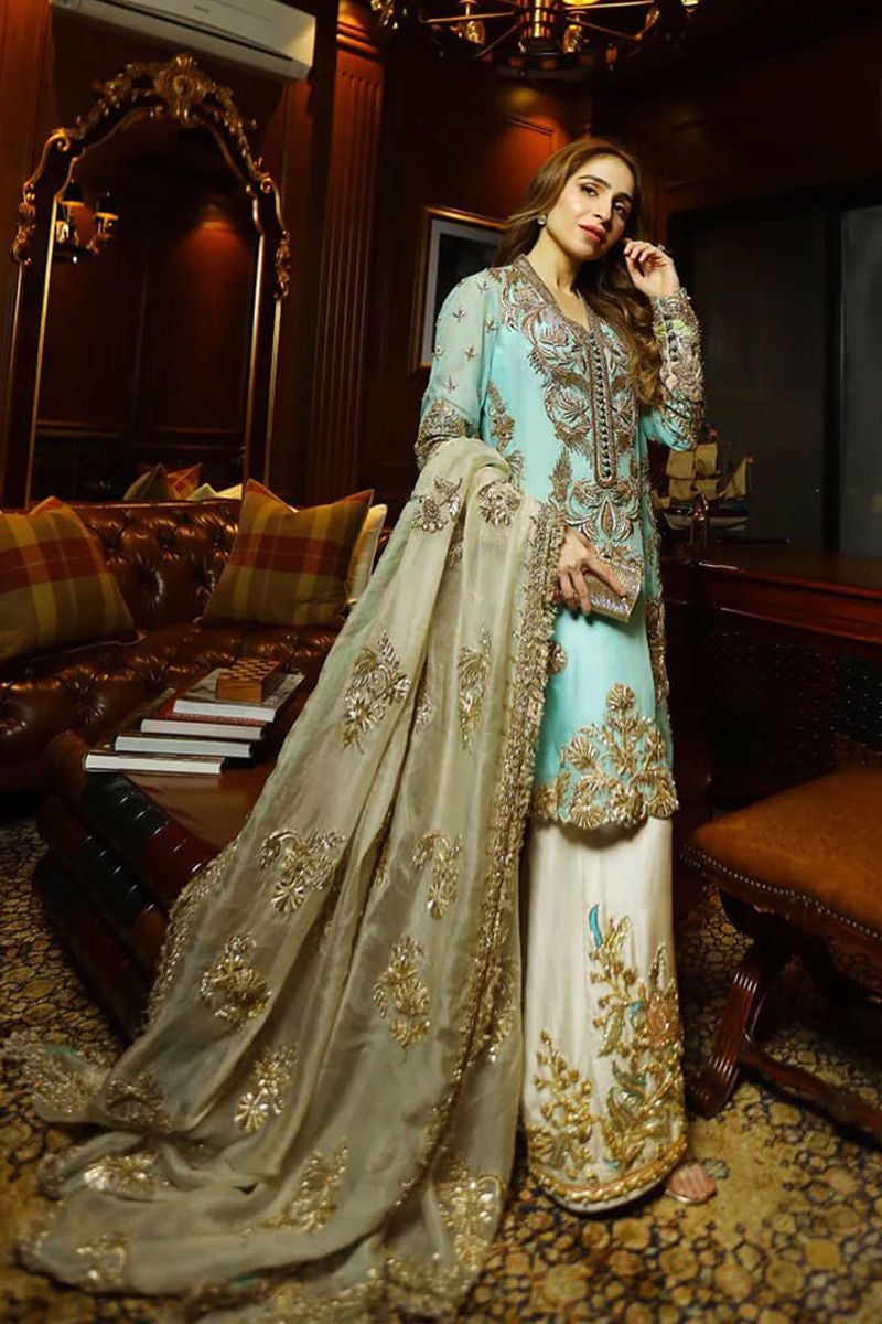 Ocean Blue Embroidered Organza Salwar Kameez (3-Piece) - Image 1