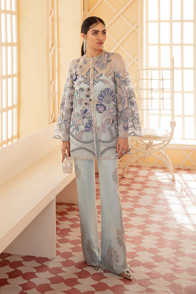 Ice Blue Embroidered Organza Jacket with Raw Silk Pants (2-Piece) - Image 2