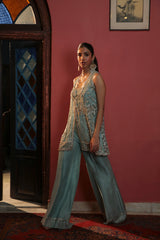 Light Blue Embellished Organza Jacket & Raw Silk Trousers (2-Piece) - Image 4