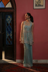 Light Blue Embellished Organza Jacket & Raw Silk Trousers (2-Piece) - Image 5