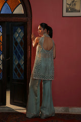 Light Blue Embellished Organza Jacket & Raw Silk Trousers (2-Piece) - Image 6