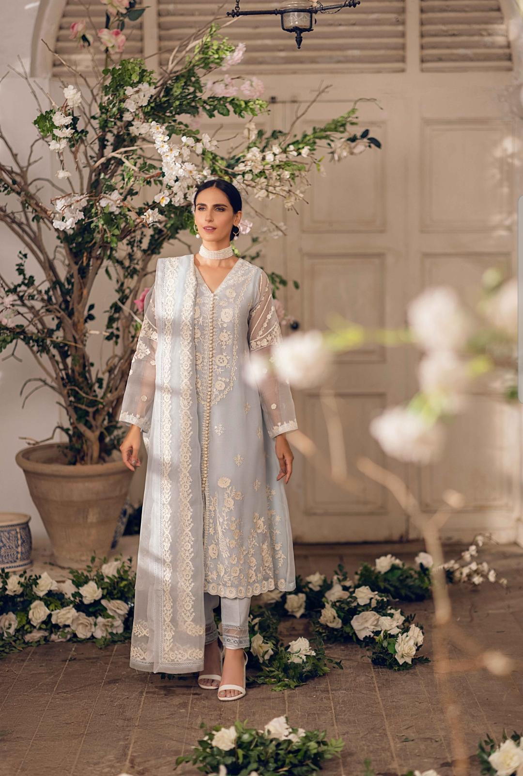 Pakistani Pastel Ice Blue Ari Embroidered Organza Salwar Kameez (3-Piece) - Image 1