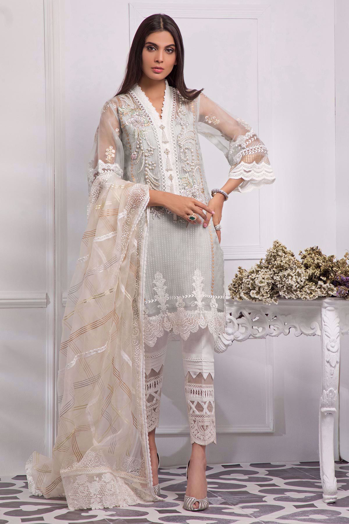 Ice Blue Hand Block Printed Organza Salwar Kameez (3-Piece) - Image 1