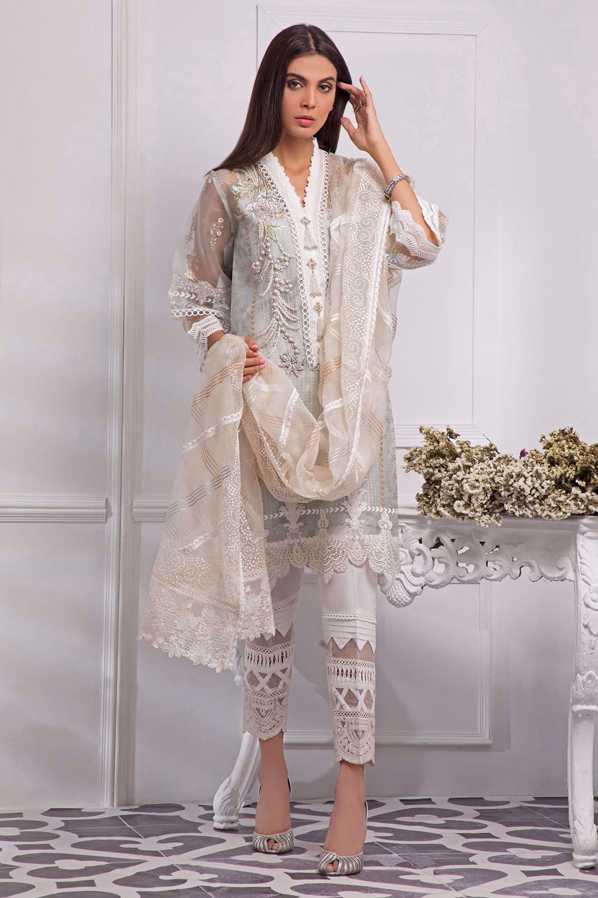 Ice Blue Hand Block Printed Organza Salwar Kameez (3-Piece) - Image 2