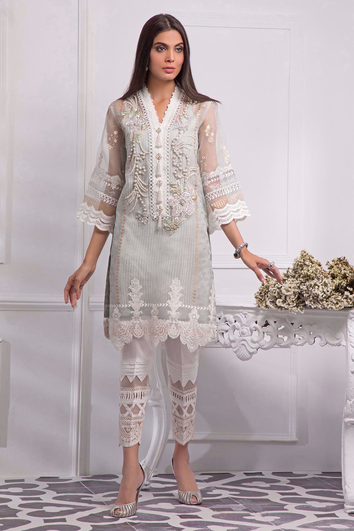 Ice Blue Hand Block Printed Organza Salwar Kameez (3-Piece) - Image 3