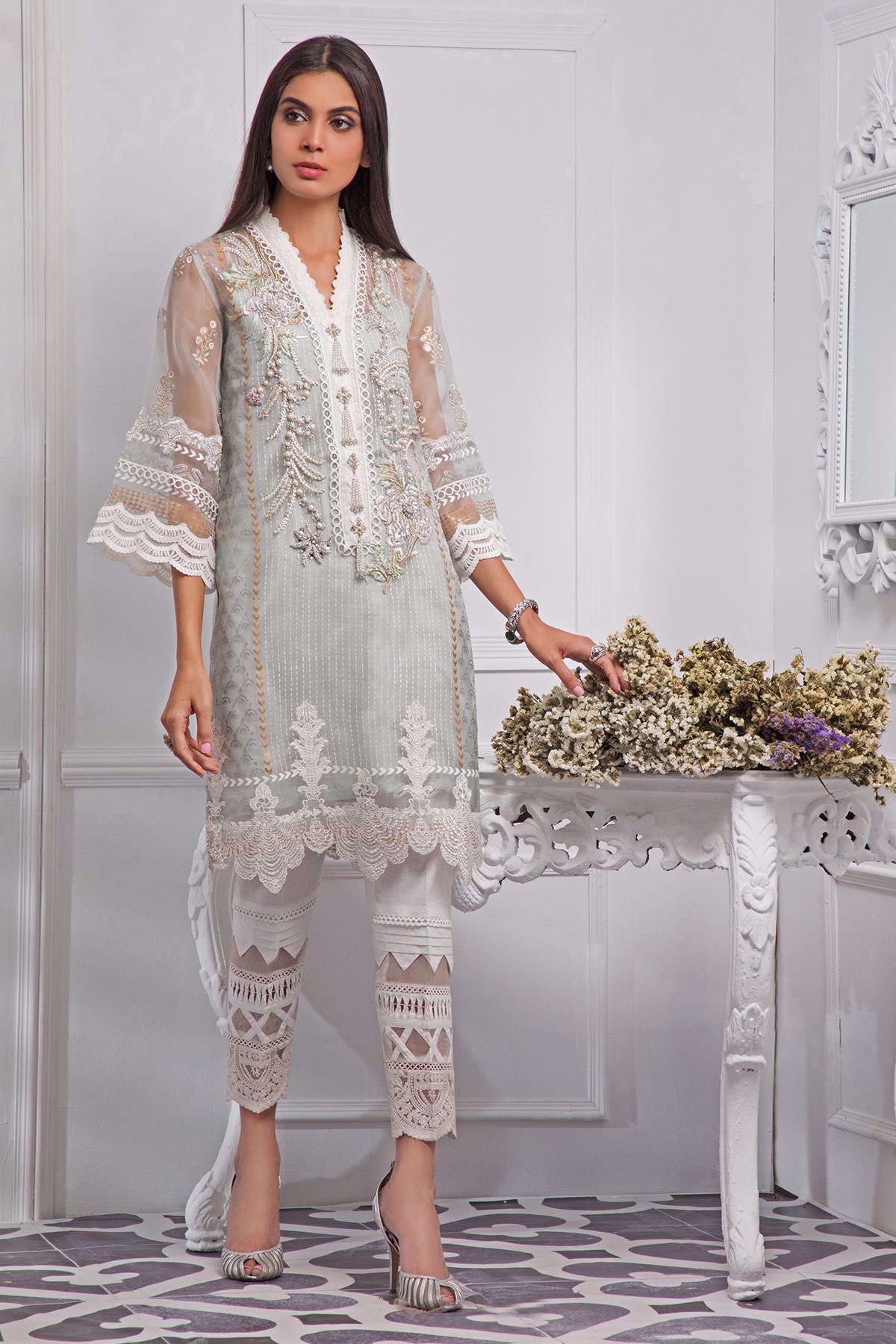 Ice Blue Hand Block Printed Organza Salwar Kameez (3-Piece) - Image 4