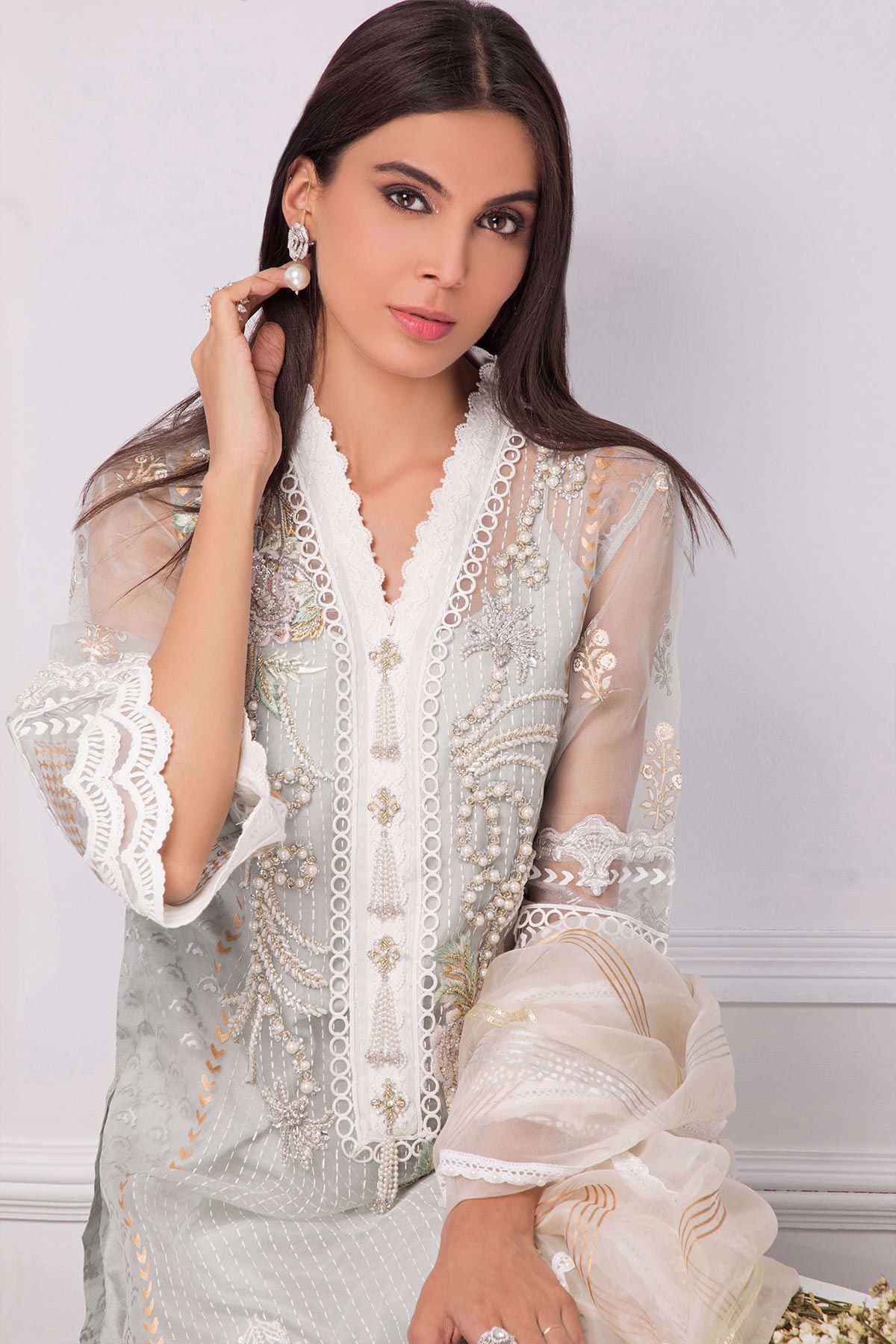 Ice Blue Hand Block Printed Organza Salwar Kameez (3-Piece) - Image 5