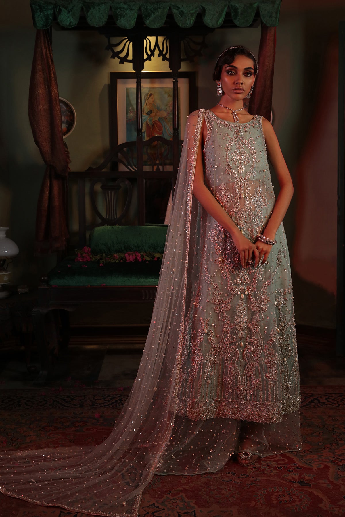 Pakistani Ice Blue Hand-Embellished Organza Salwar Kameez (3-Piece) - Image 1