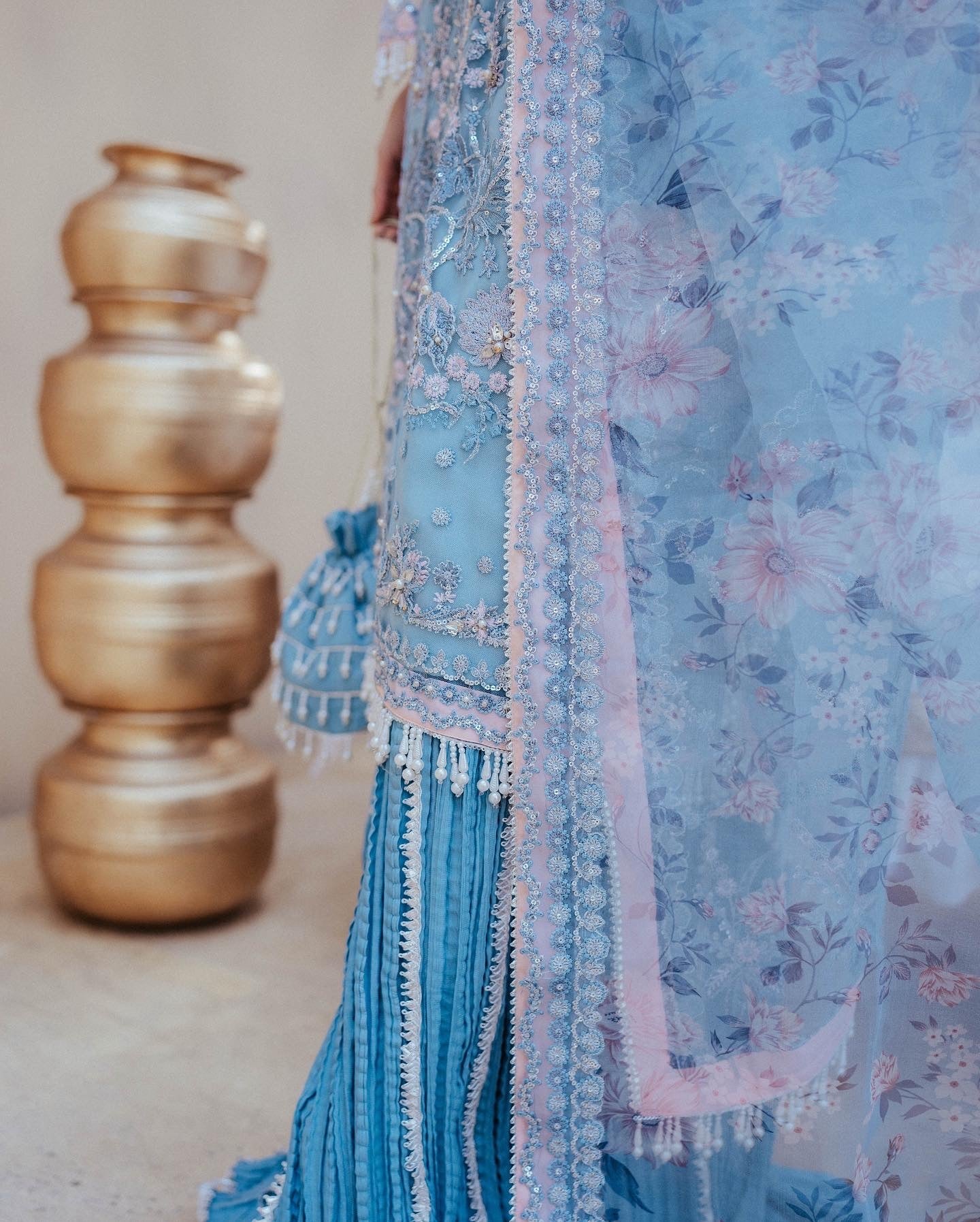 Pakistani Powder Blue Embroidered Organza Silk Salwar Kameez (3-Piece) - Image 2