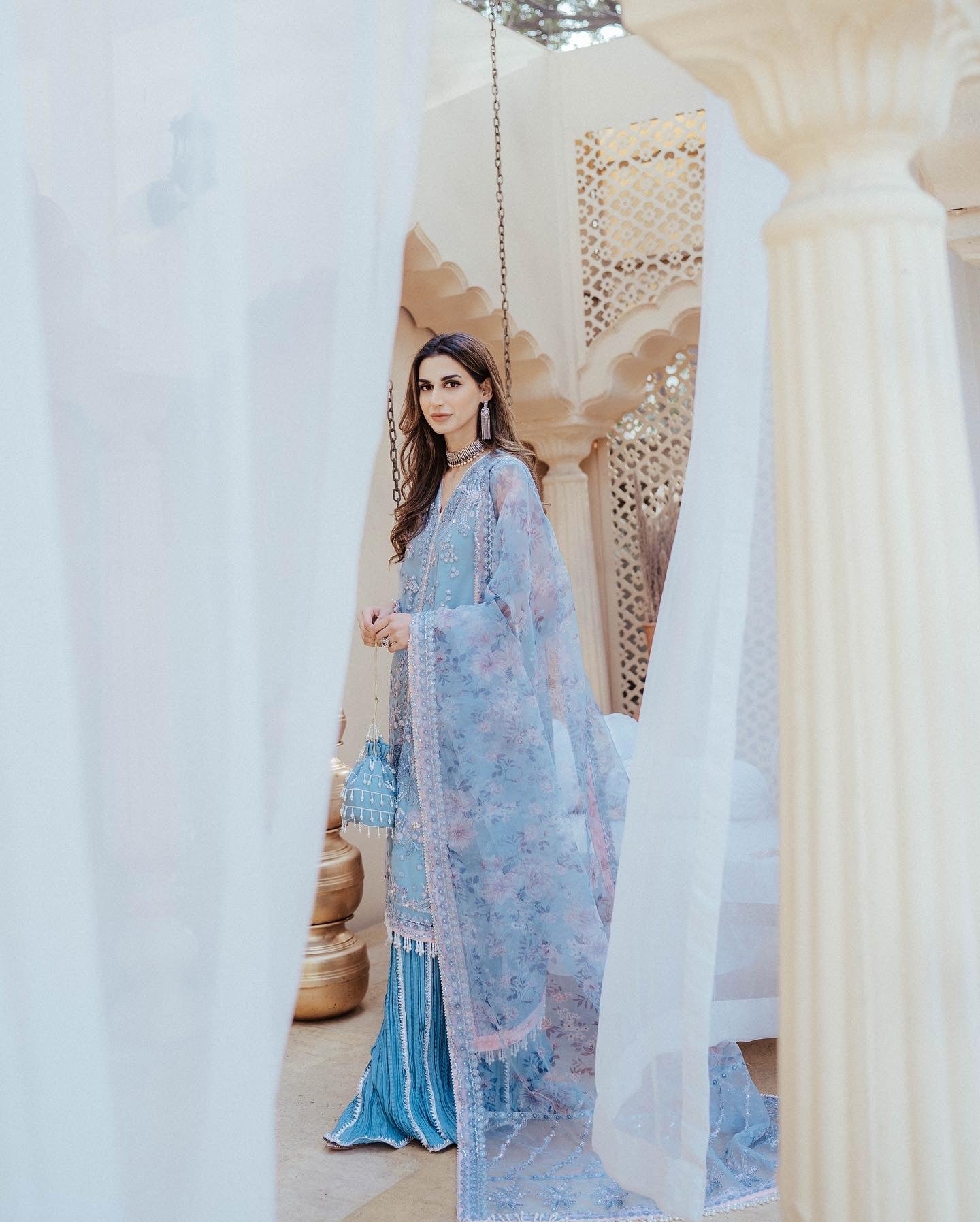 Pakistani Powder Blue Embroidered Organza Silk Salwar Kameez (3-Piece) - Image 4