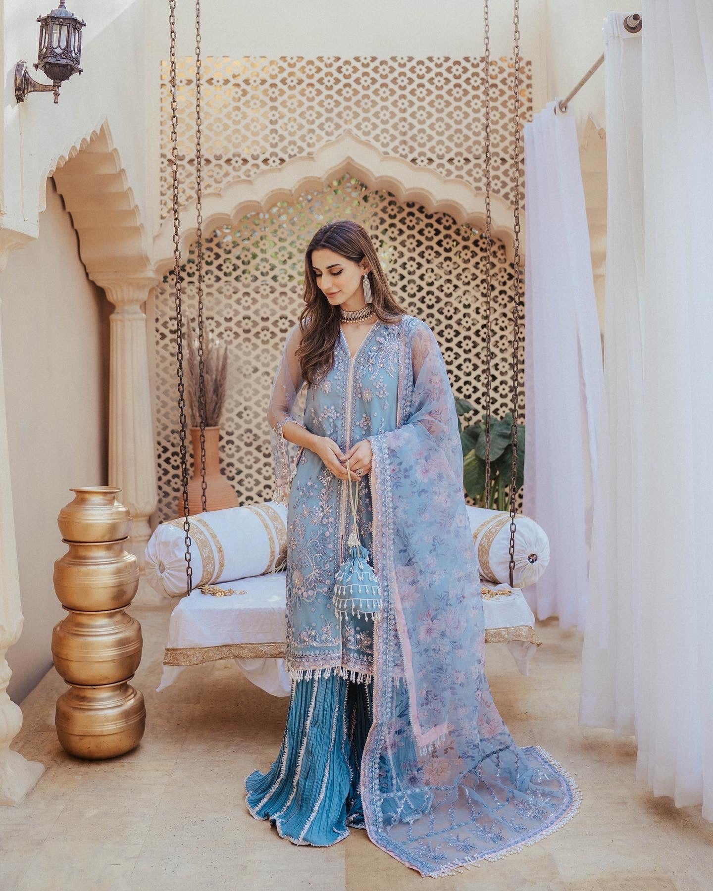 Pakistani Powder Blue Embroidered Organza Silk Salwar Kameez (3-Piece) - Image 5