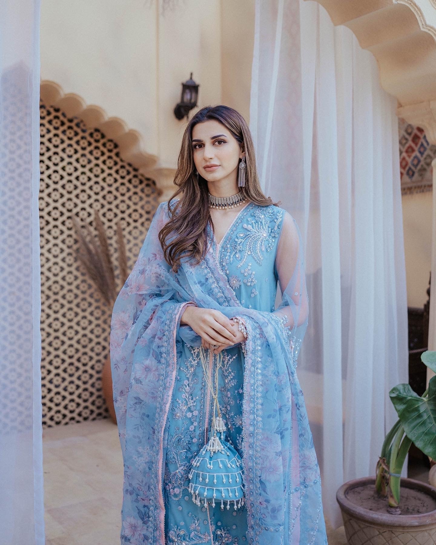 Pakistani Powder Blue Embroidered Organza Silk Salwar Kameez (3-Piece) - Image 6