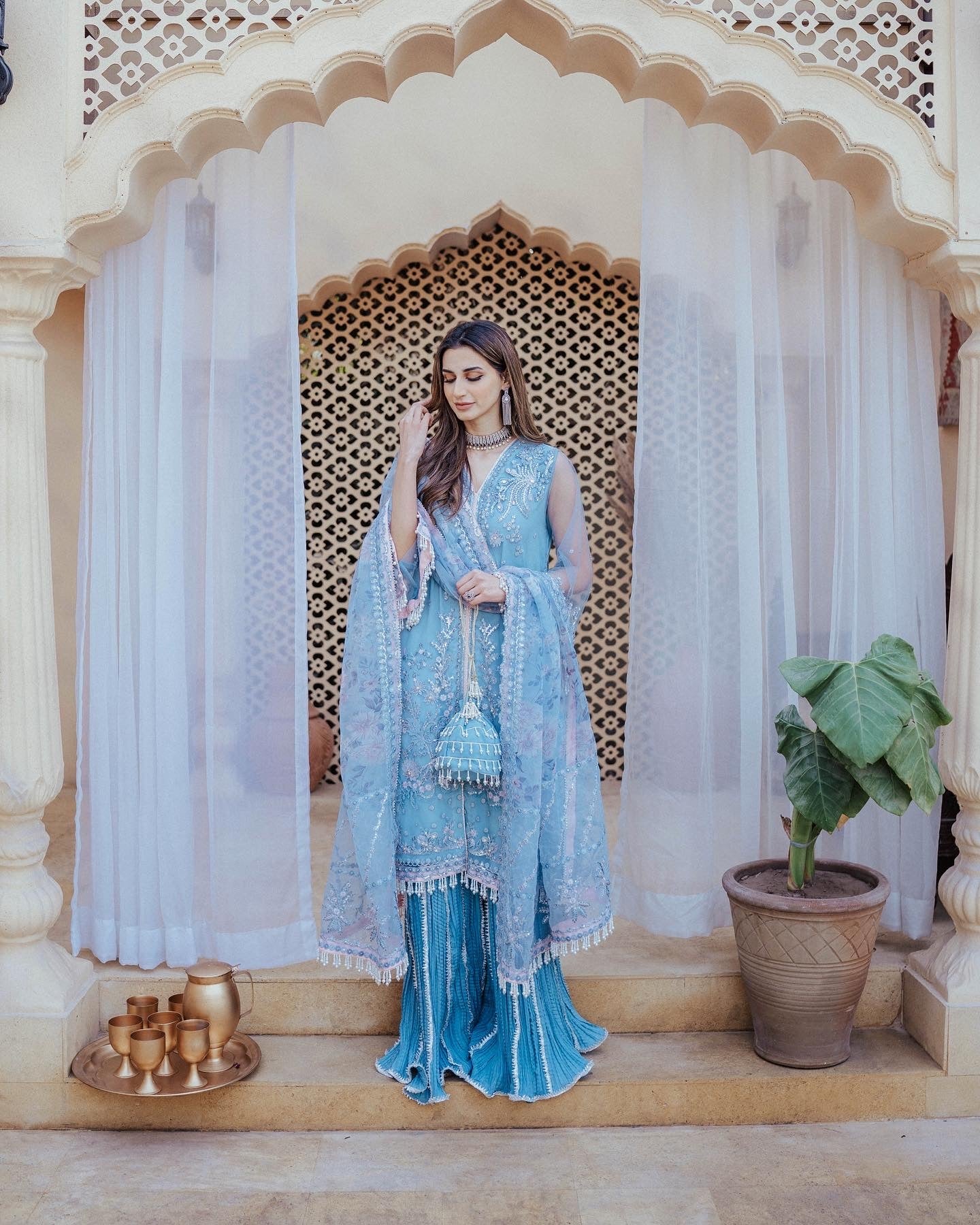 Pakistani Powder Blue Embroidered Organza Silk Salwar Kameez (3-Piece) - Image 7