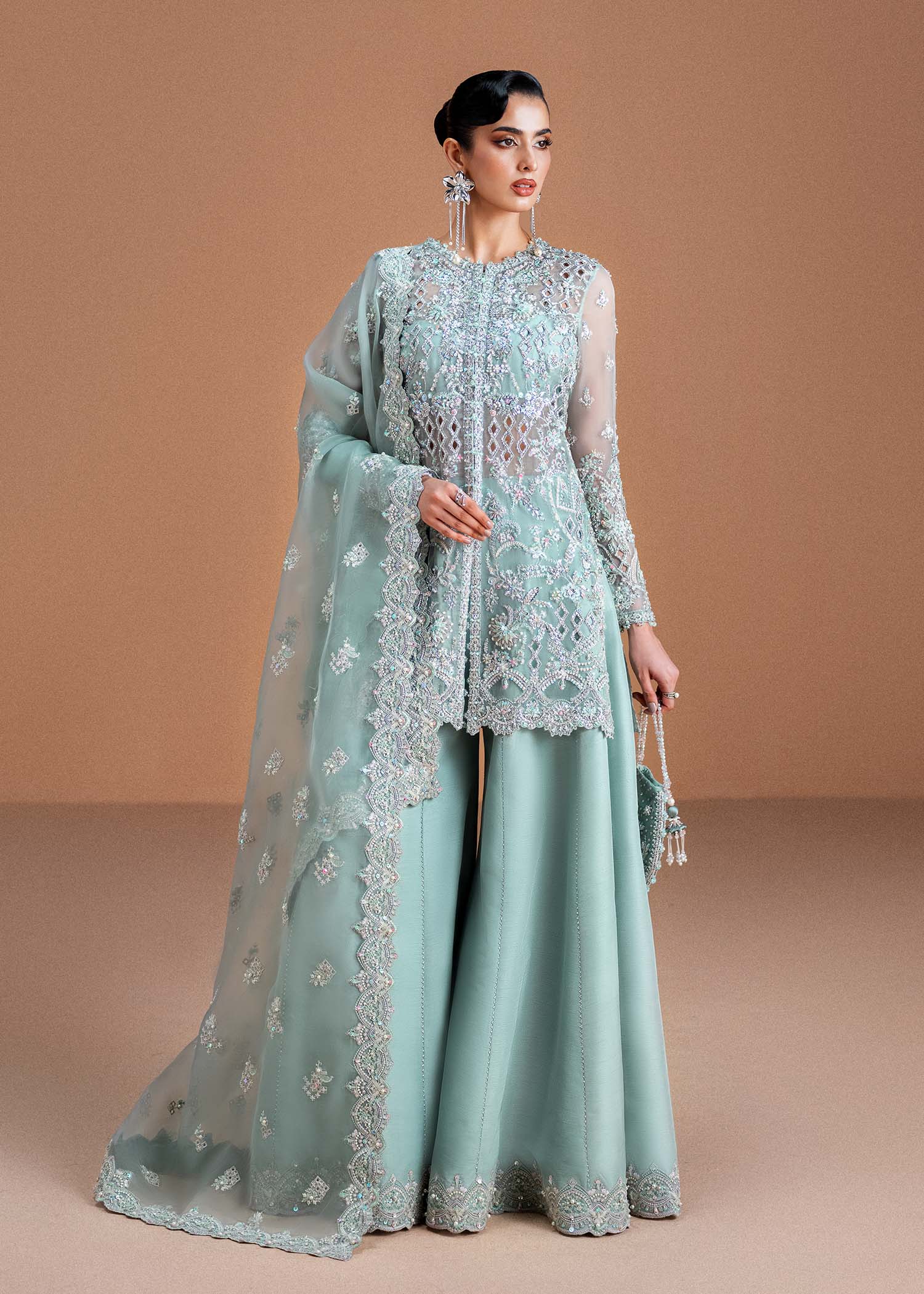 Indian Ice Blue Embroidered Kathan Organza Salwar Kameez (3-Piece) - Image 1
