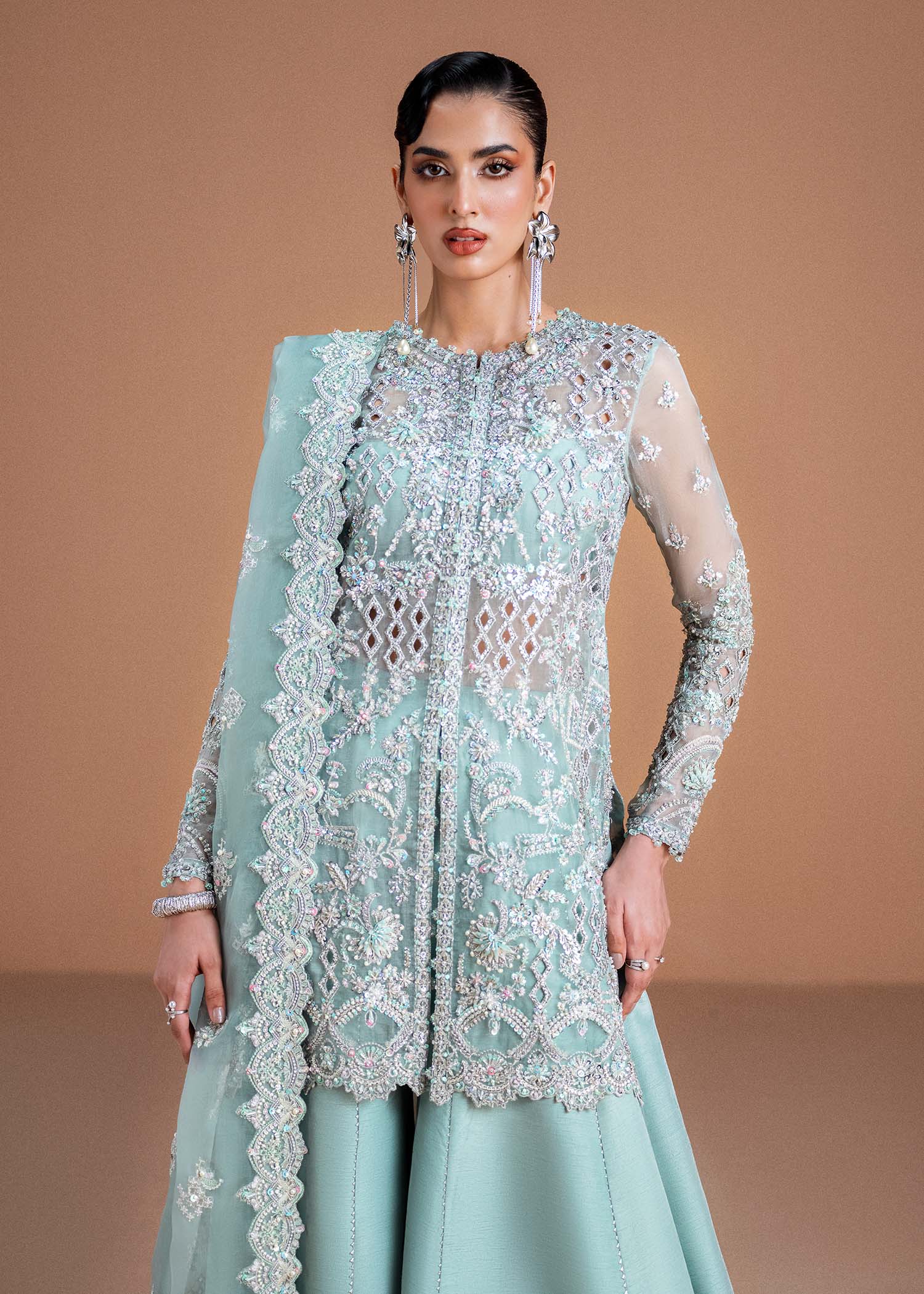 Indian Ice Blue Embroidered Kathan Organza Salwar Kameez (3-Piece) - Image 2