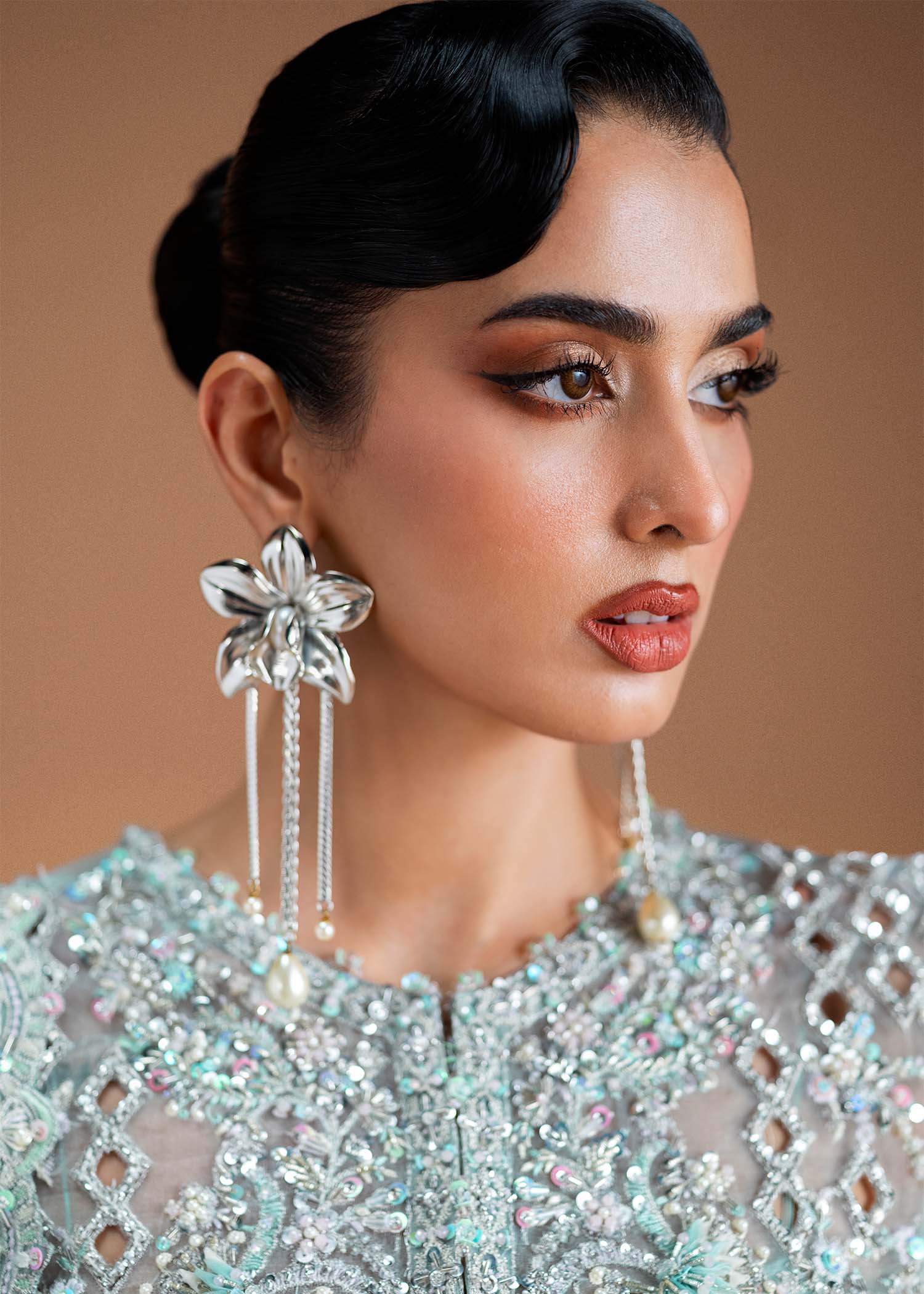 Indian Ice Blue Embroidered Kathan Organza Salwar Kameez (3-Piece) - Image 4