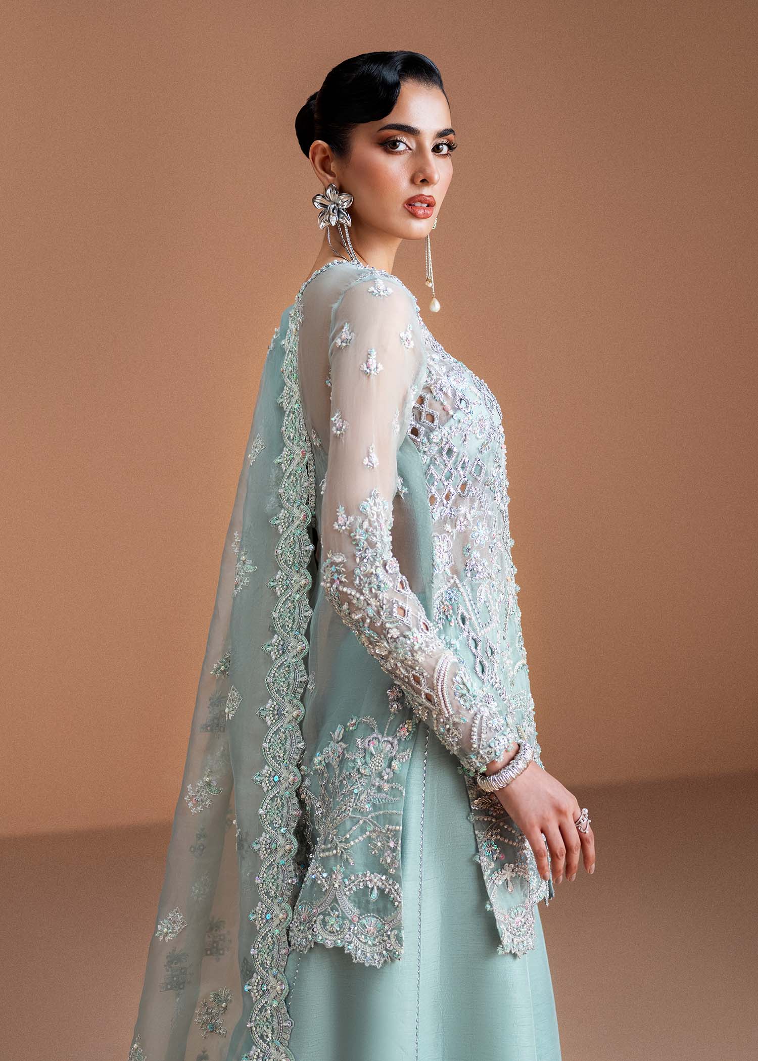 Indian Ice Blue Embroidered Kathan Organza Salwar Kameez (3-Piece) - Image 5