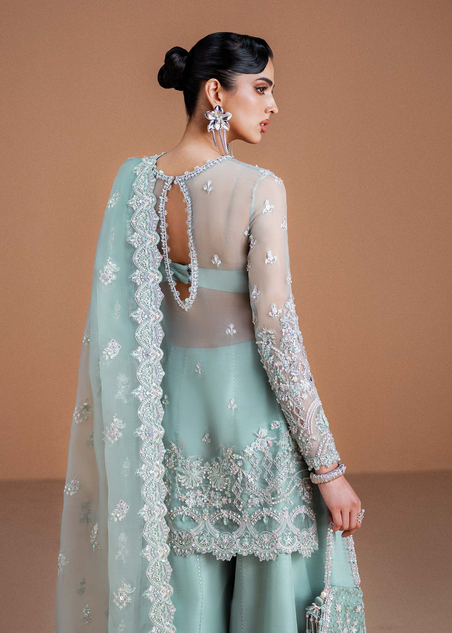 Indian Ice Blue Embroidered Kathan Organza Salwar Kameez (3-Piece) - Image 6
