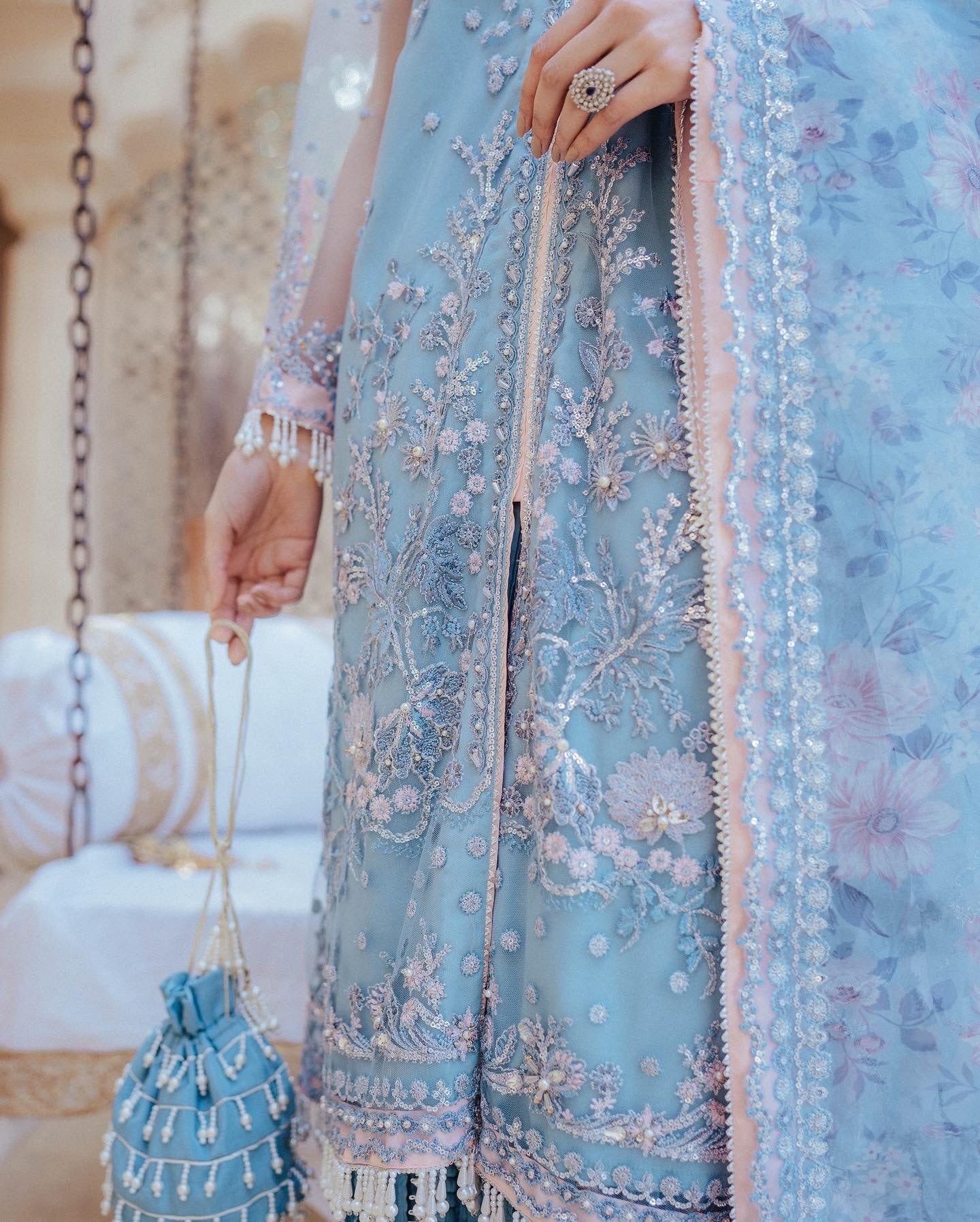 Blue Hand-Embroidered Organza Silk Salwar Kameez (3-Piece) - Image 4