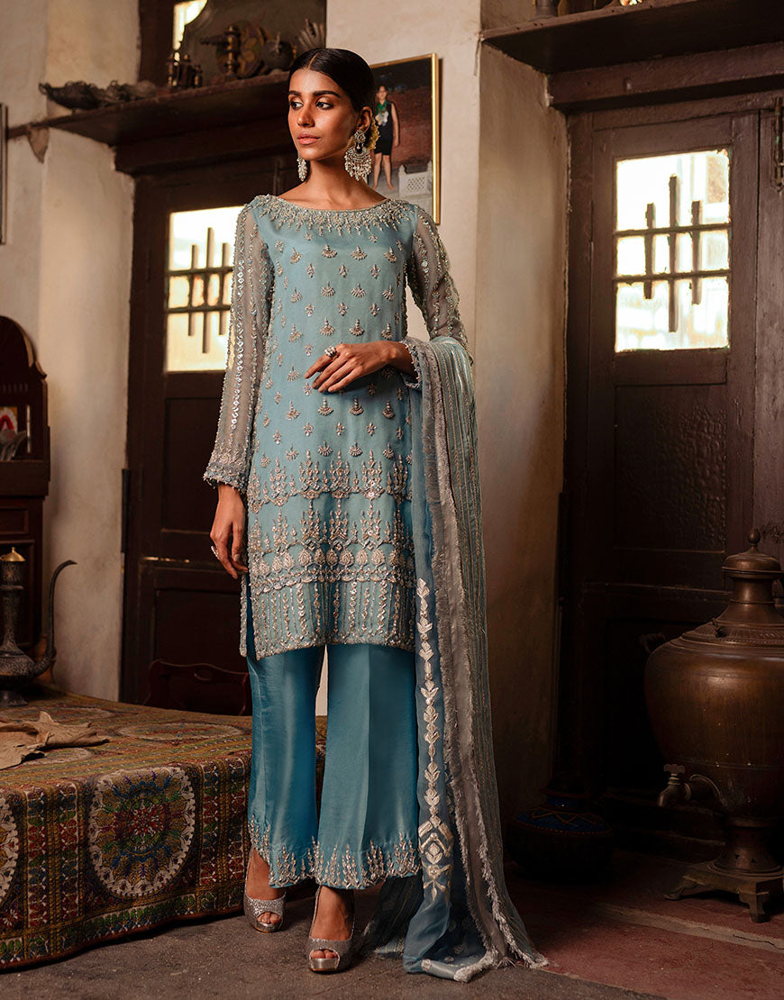 Pastel Blue Embellished Organza & Raw Silk Salwar Kameez (3-Piece) - Image 4