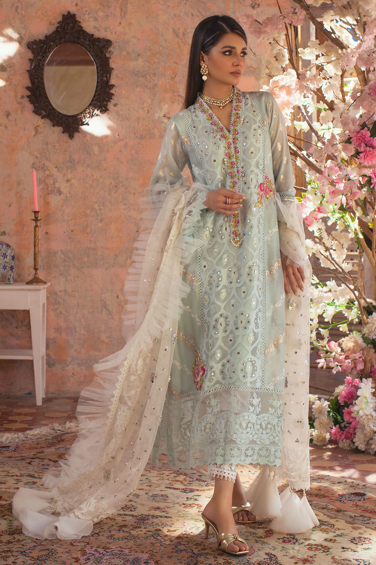 Pakistani Topaz Blue Embroidered Organza Salwar Kameez (3-Piece) - Image 1