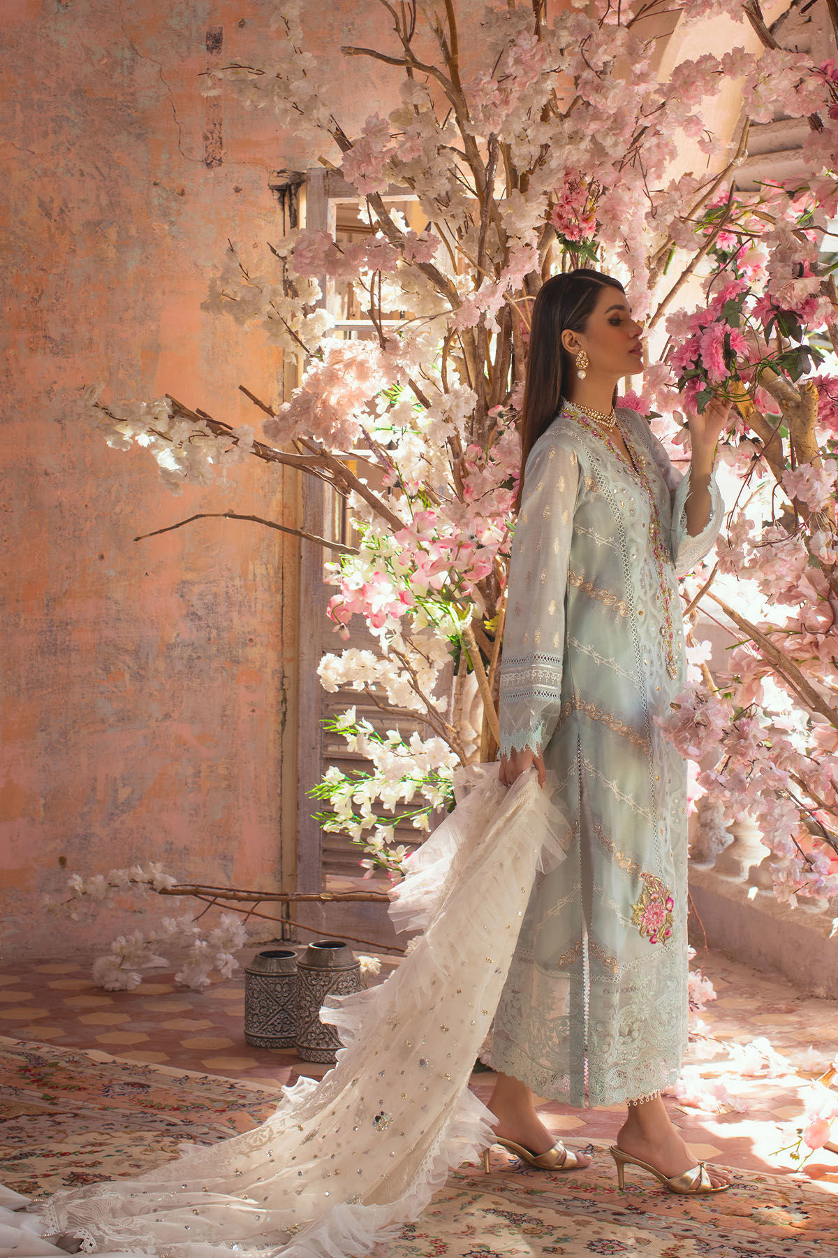 Pakistani Topaz Blue Embroidered Organza Salwar Kameez (3-Piece) - Image 9