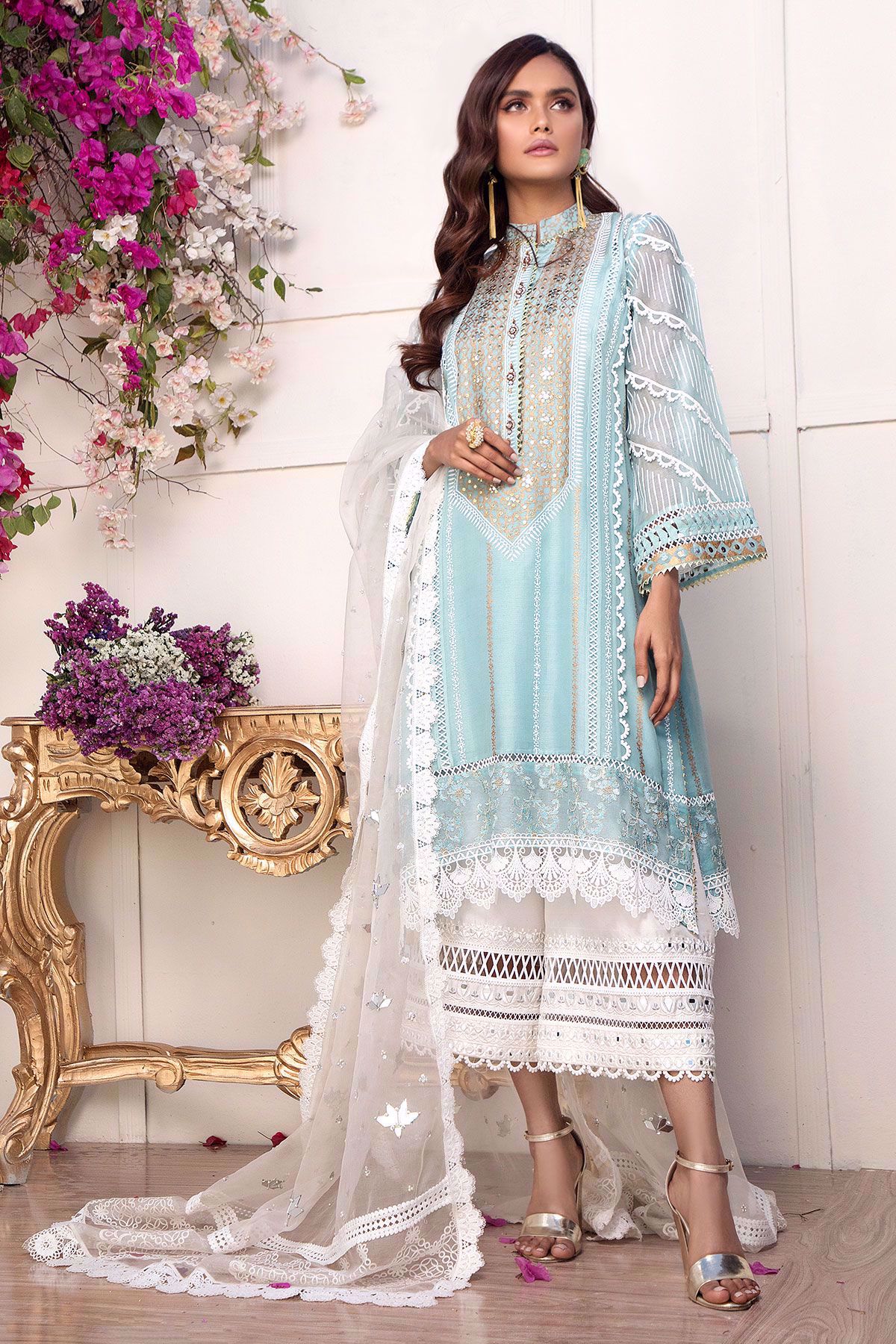 Sky Blue Kaamdani Organza Salwar Kameez (3-Piece) - Image 1