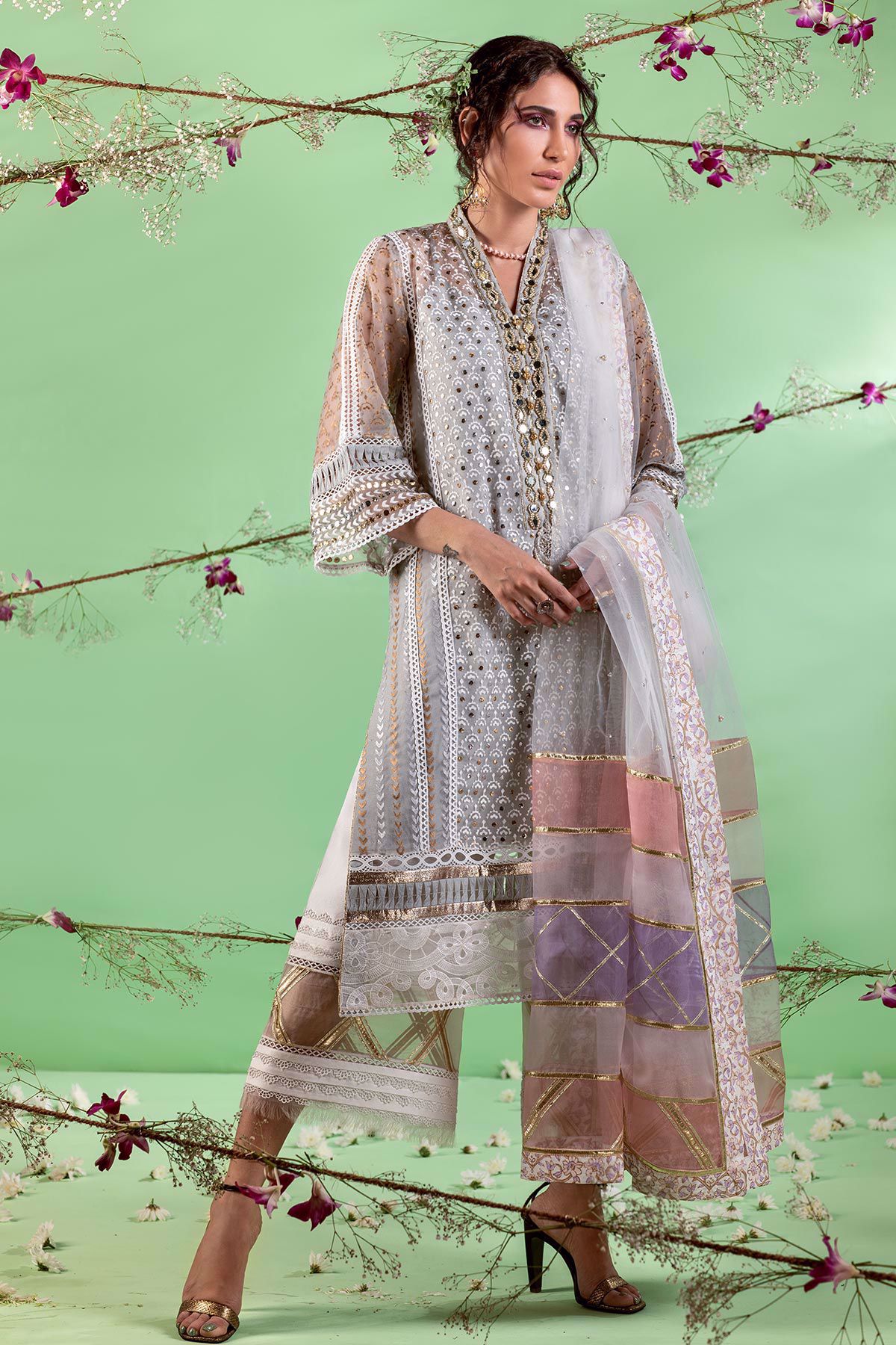 Pakistani Blue Kaamdani Organza Salwar Kameez (3-Piece) - Image 1