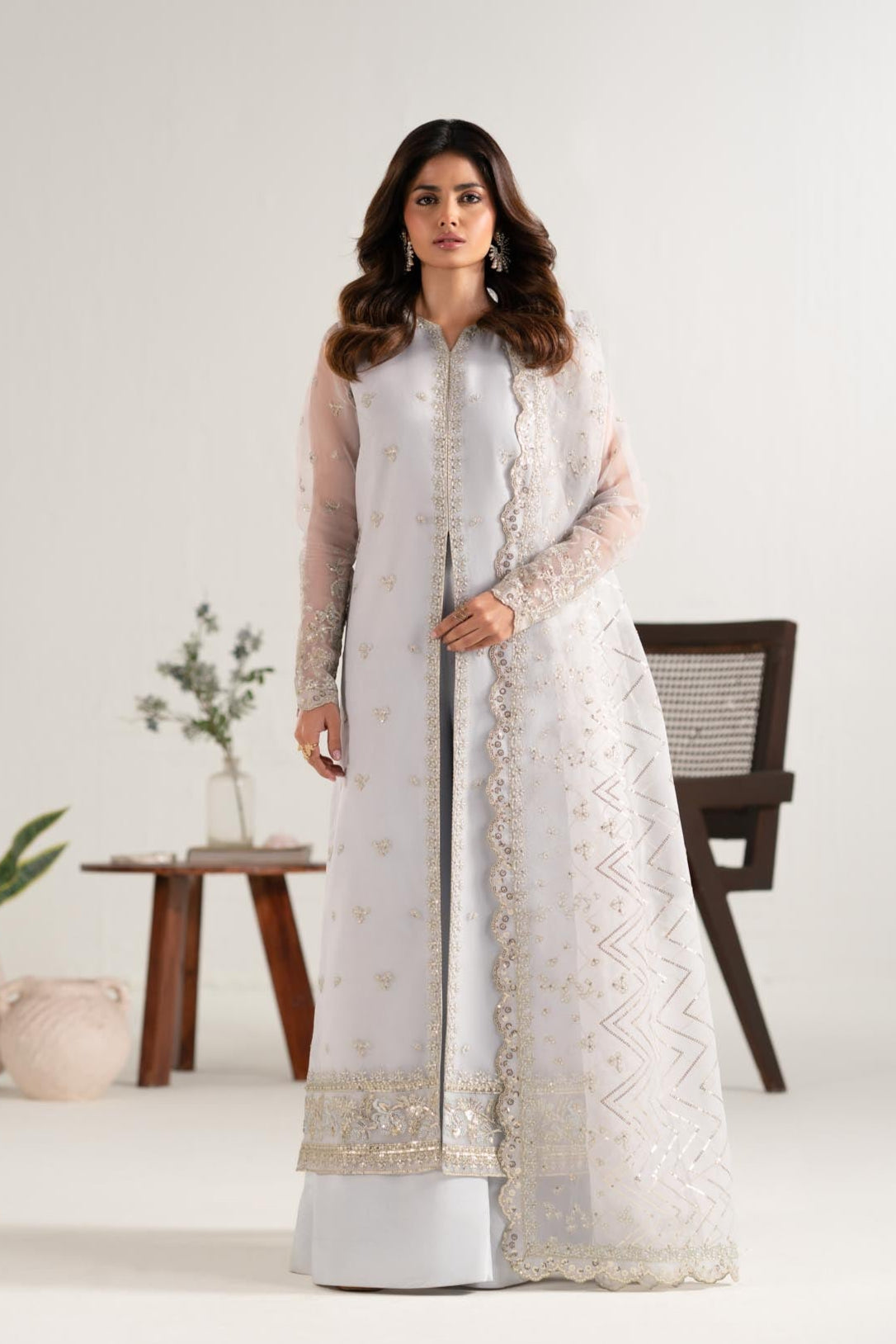 Pale Ice-Blue Embroidered Organza Salwar Kameez (3-Piece) - Image 2