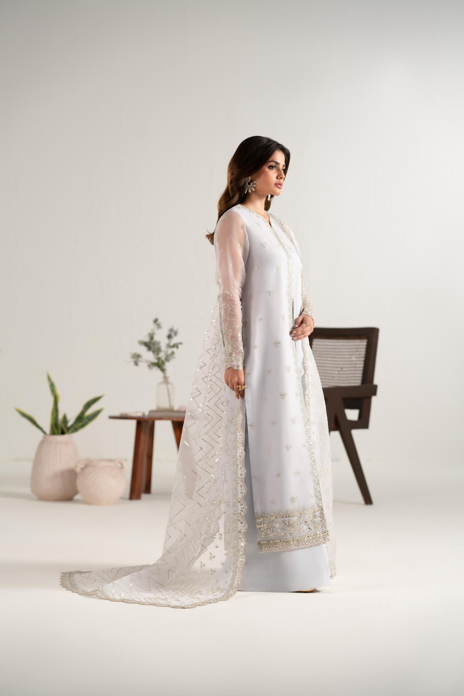 Pale Ice-Blue Embroidered Organza Salwar Kameez (3-Piece) - Image 3