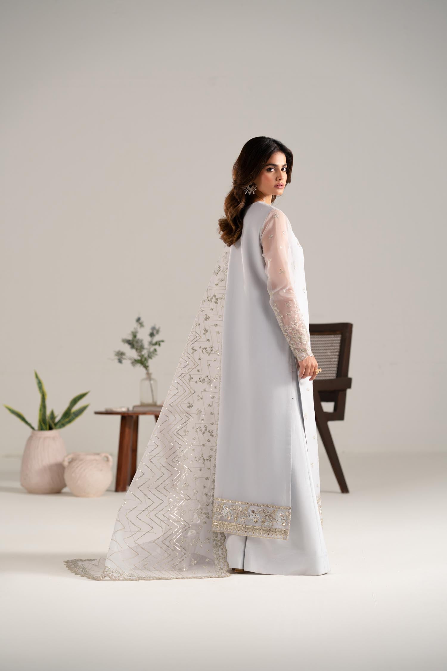 Pale Ice-Blue Embroidered Organza Salwar Kameez (3-Piece) - Image 4