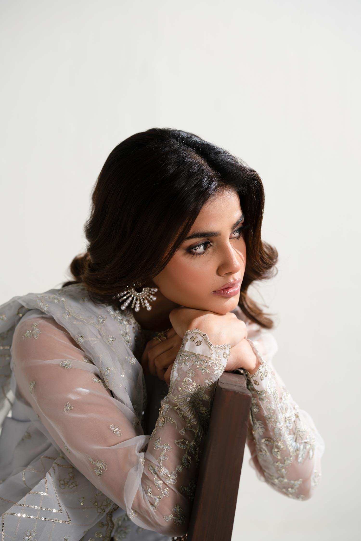 Pale Ice-Blue Embroidered Organza Salwar Kameez (3-Piece) - Image 5