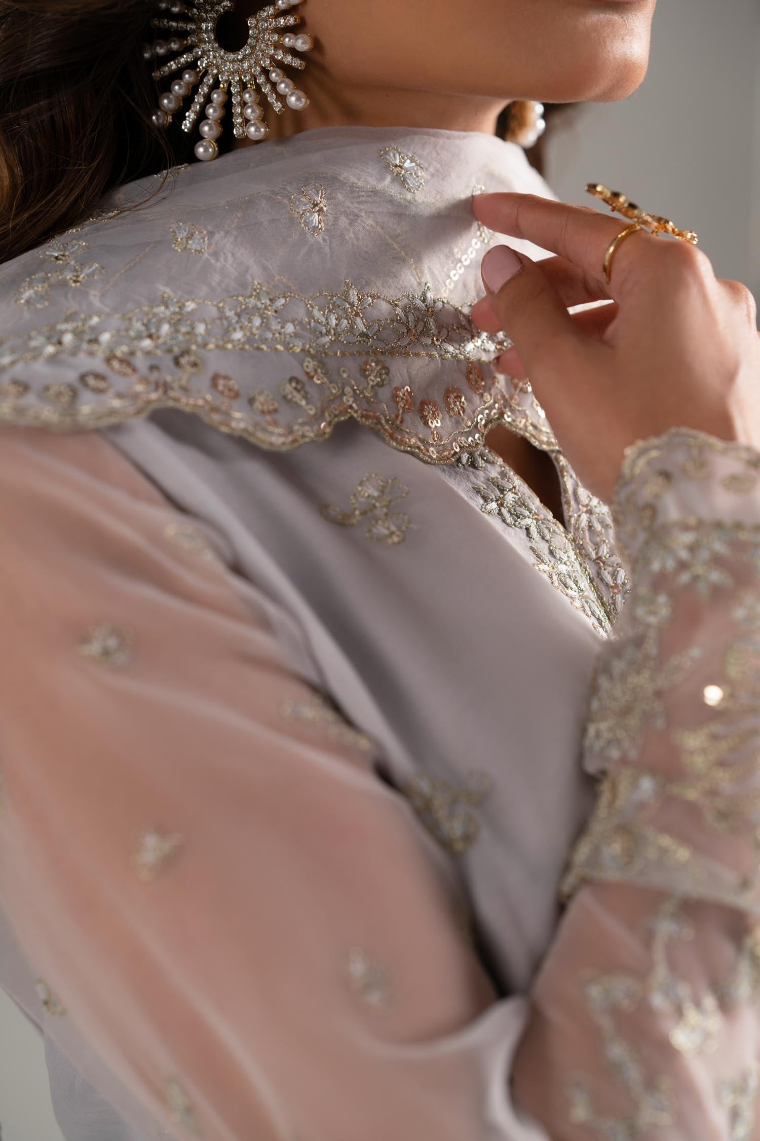 Pale Ice-Blue Embroidered Organza Salwar Kameez (3-Piece) - Image 6