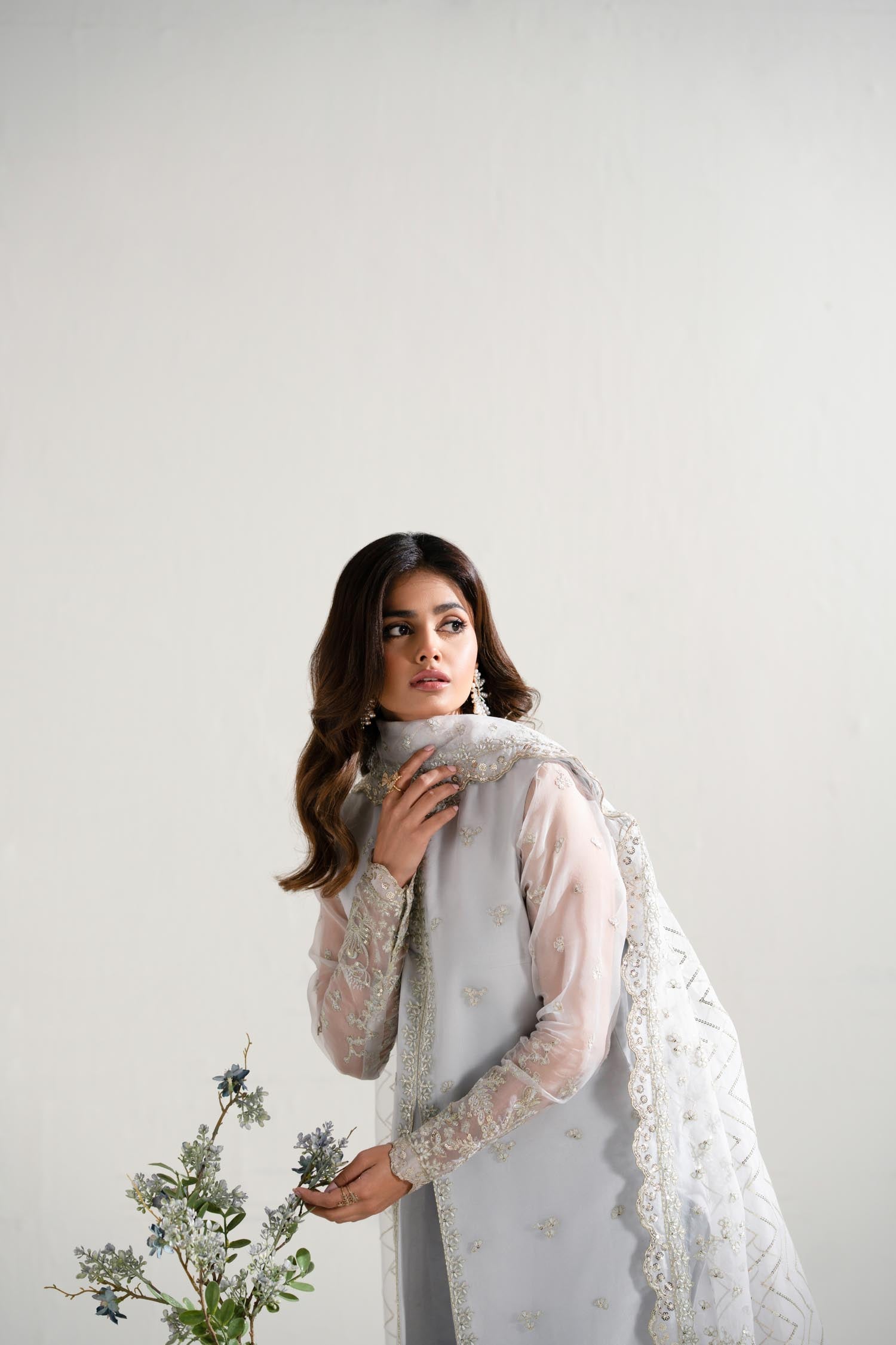 Pale Ice-Blue Embroidered Organza Salwar Kameez (3-Piece) - Image 8